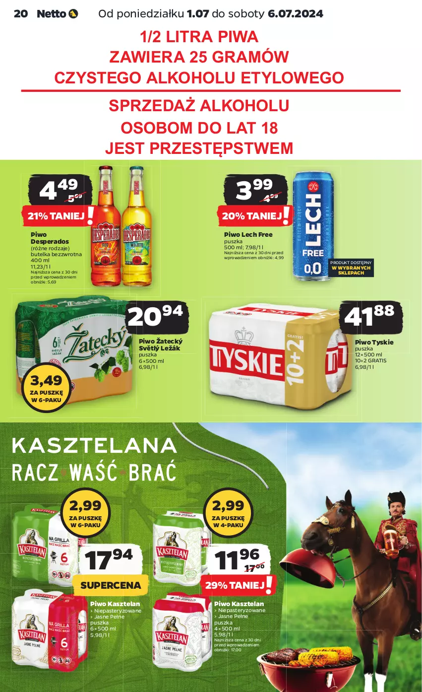 Gazetka promocyjna Netto - Od Poniedziałku - ważna 01.07 do 06.07.2024 - strona 20 - produkty: Desperados, Gra, Kasztelan, Piwa, Piwo, Tyskie