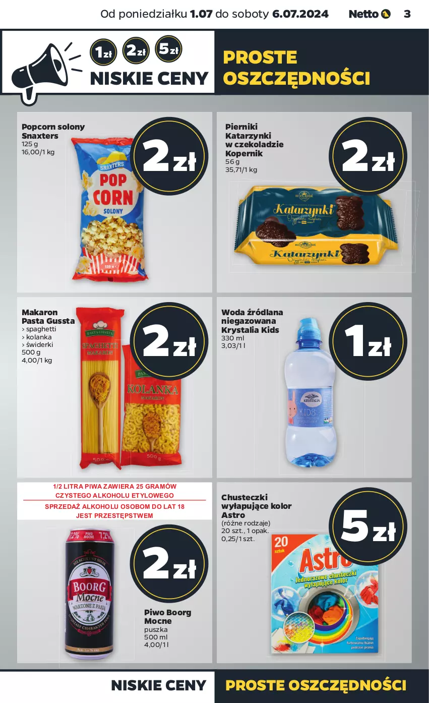 Gazetka promocyjna Netto - Od Poniedziałku - ważna 01.07 do 06.07.2024 - strona 3 - produkty: Chusteczki, Gra, LANA, Makaron, Piernik, Piwa, Piwo, Popcorn, Spaghetti, Woda