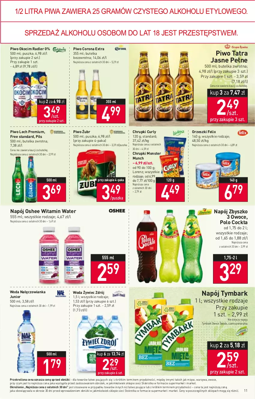 Gazetka promocyjna Stokrotka - Market - ważna 06.04 do 12.04.2023 - strona 11 - produkty: Chrupki, Corona Extra, Felix, Gra, Koc, Lech Premium, Lorenz, Mięso, Monster Munch, Nałęczowianka, Napój, Okocim, Orzeszki, Oshee, Owoce, Piwa, Piwo, Por, Radler, Tatra, Tymbark, Warzywa, Woda