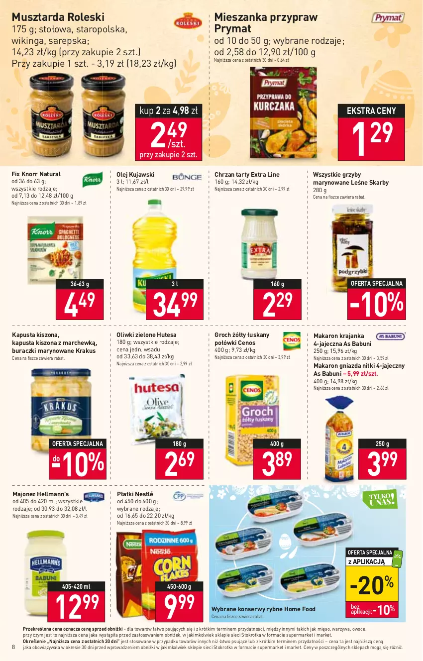 Gazetka promocyjna Stokrotka - Market - ważna 06.04 do 12.04.2023 - strona 8 - produkty: Babuni, Buraczki, Cenos, Chrzan, Groch, Grzyby, Grzyby marynowane, Knorr, Krakus, Kujawski, Majonez, Makaron, Mięso, Mus, Musztarda, Nestlé, Olej, Oliwki, Oliwki zielone, Owoce, Prymat, Ser, Warzywa