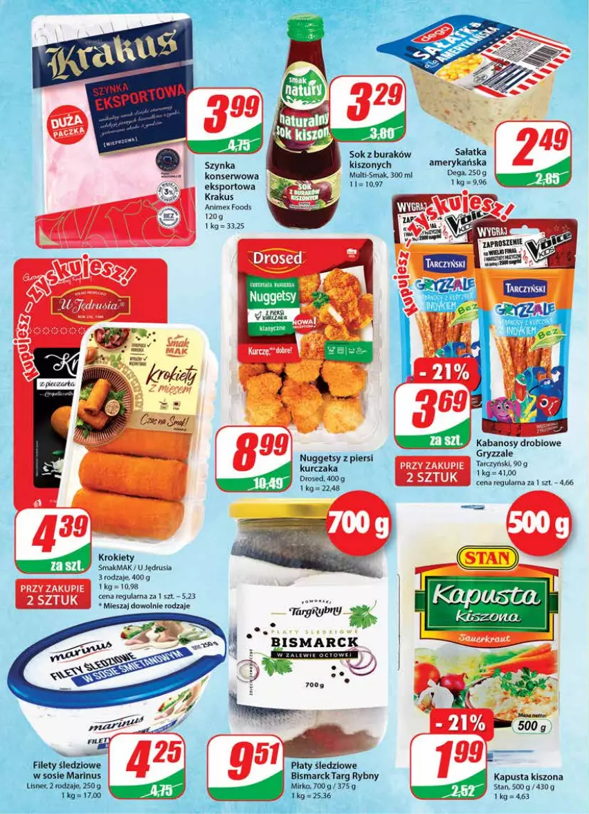 Gazetka promocyjna Dino - Gazetka - ważna 09.03 do 15.03.2022 - strona 16 - produkty: Dega, Gry, Kabanos, Krakus, Krokiety, Płaty śledziowe, Por, Sałat, Sałatka, Ser, Sok, Sport, Szynka, Tarczyński