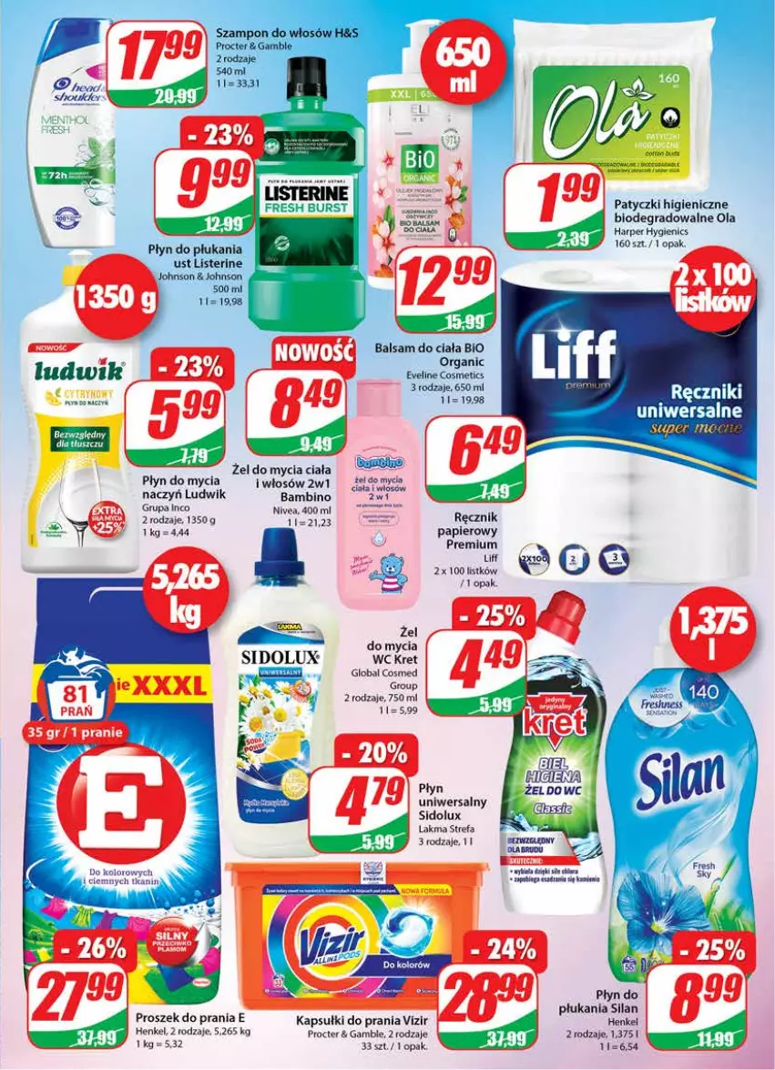 Gazetka promocyjna Dino - Gazetka - ważna 09.03 do 15.03.2022 - strona 23 - produkty: Balsam do ciała, Eveline, Fa, Gra, Kapsułki do prania, Kret, Listerine, Ludwik, Nivea, Papier, Płyn do mycia, Płyn do płukania, Proszek do prania, Ręcznik, Sidolux, Silan, Szampon, Vizir