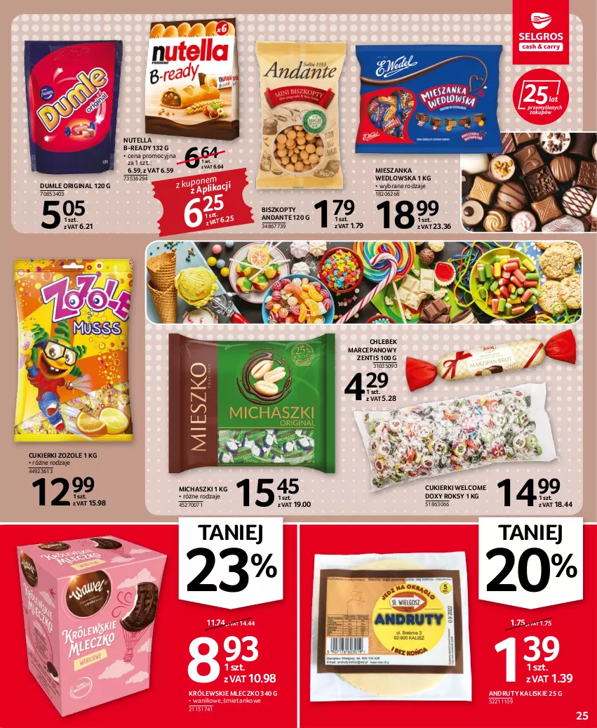 Gazetka promocyjna Selgros - Oferta spożywcza - ważna 22.09 do 05.10.2022 - strona 25 - produkty: Biszkopty, Chleb, Cukier, Cukierki, Gin, Królewski, Królewskie Mleczko, Mieszanka wedlowska, Mleczko, Nutella