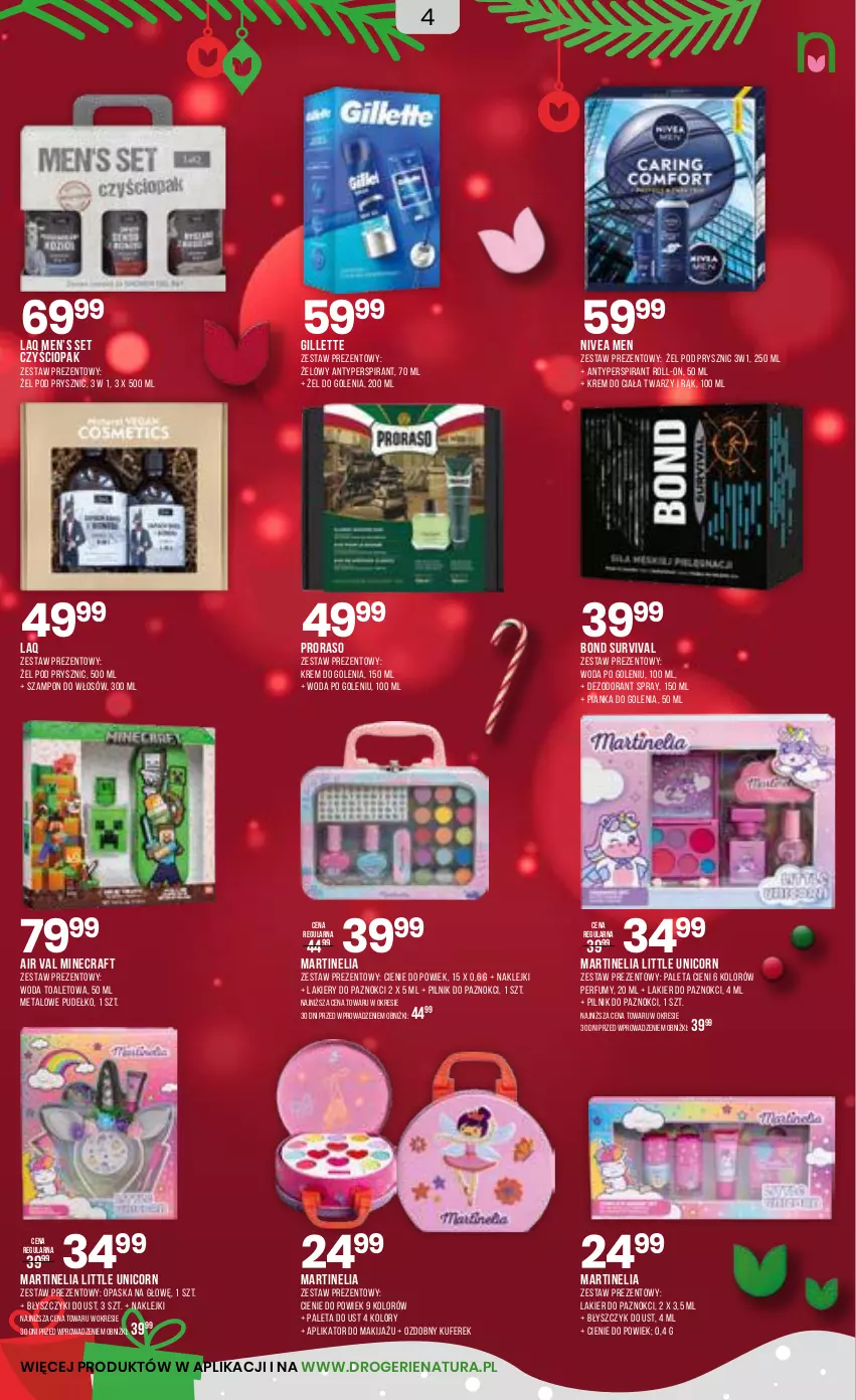 Gazetka promocyjna Drogerie Natura - Gazetka Drogerie Natura - ważna 27.11 do 09.12.2025 - strona 4 - produkty: Antyperspirant, Błyszczyk do ust, Dezodorant, Gillette, Klej, Krem do ciała, Krem do golenia, Lakier, Lakier do paznokci, Makijaż, Minecraft, Nivea, Nivea Men, Opaska, Paleta, Perfum, Pianka do golenia, Pilnik, Pilnik do paznokci, Pudełko, Szampon, Woda, Woda po goleniu, Woda toaletowa, Zestaw prezentowy