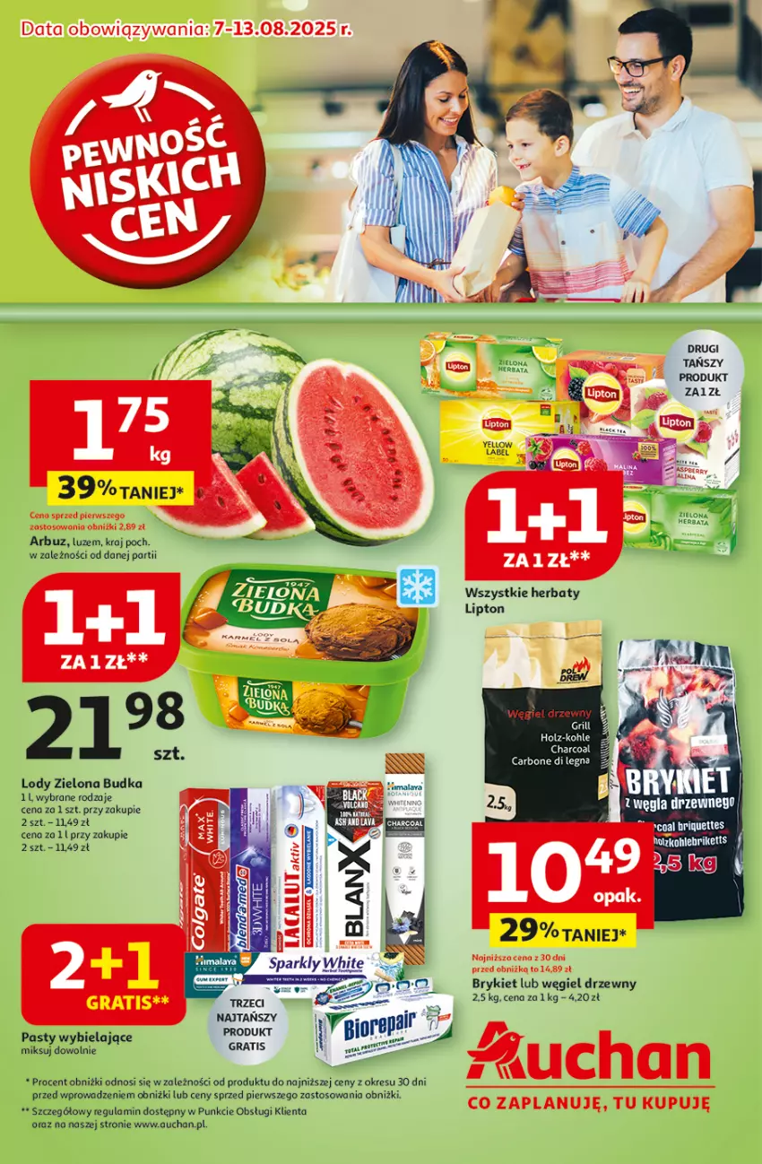 Gazetka promocyjna Auchan - Pewność niskich cen Hipermarket - ważna 07.08 do 13.08.2025 - strona 1 - produkty: Arbuz, Gra, Grill, Herbata, Lipton, Lody, Węgiel drzewny, Zielona Budka