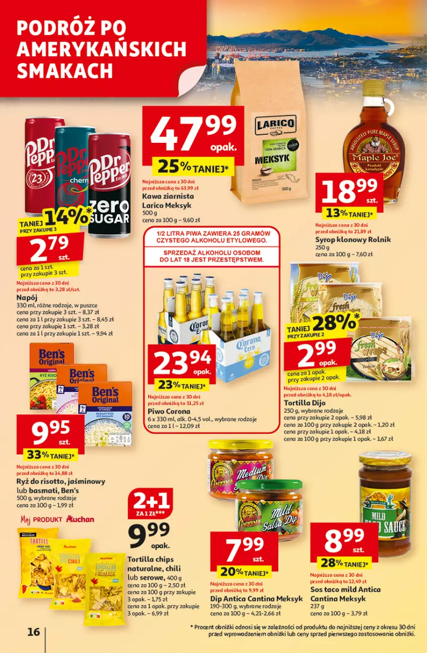 Gazetka promocyjna Auchan - Pewność niskich cen Hipermarket - ważna 07.08 do 13.08.2025 - strona 16 - produkty: Gin, Kawa, Kawa ziarnista, Napój, Piwo, Rolnik, Ryż, Ryż do risotto, Ser, Sos, Syrop, Tortilla, Tortilla Chips, Tortilla Dijo