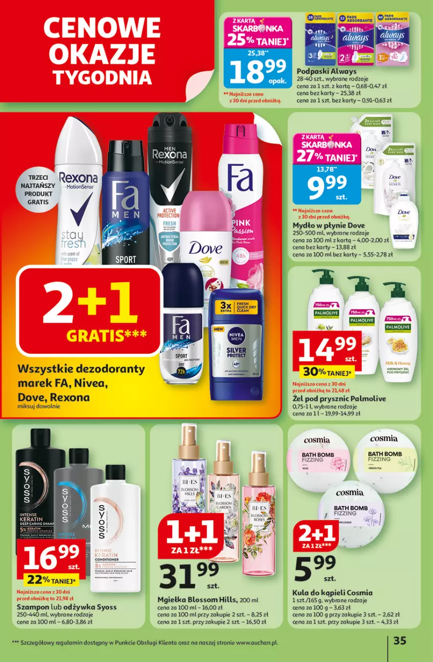 Gazetka promocyjna Auchan - Pewność niskich cen Hipermarket - ważna 07.08 do 13.08.2025 - strona 35 - produkty: Always, Dezodorant, Dove, Fa, Gra, Kula do kąpieli, Mydło, Mydło w płynie, Nivea, Palmolive, Podpaski, Rexona, Syoss, Szampon
