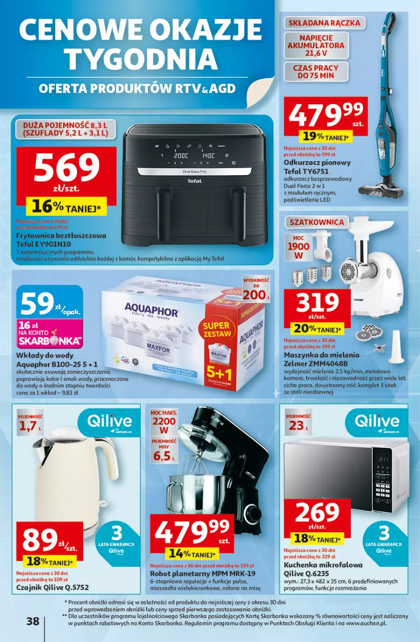 Gazetka promocyjna Auchan - Pewność niskich cen Hipermarket - ważna 07.08 do 13.08.2025 - strona 38 - produkty: Akumulator, Aquaphor, Czajnik, Fa, Gra, Kuchenka mikrofalowa, Maszynka, Maszynka do mielenia, Odkurzacz, Odkurzacz bezprzewodowy, Robot, Robot planetarny, Szatkownica, Szynka, Tefal, Top, Zelmer