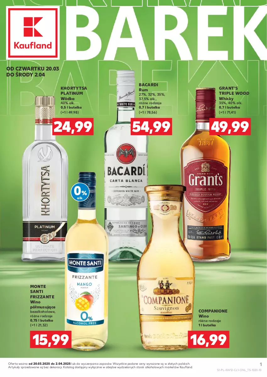 Gazetka promocyjna Kaufland - Barek Kauflandu - ważna 20.03 do 02.04.2025 - strona 1 - produkty: AniOne, Bacardi, Gra, Monte, Monte Santi, Mus, Rum, Whisky, Wino, Wino bezalkoholowe, Wódka