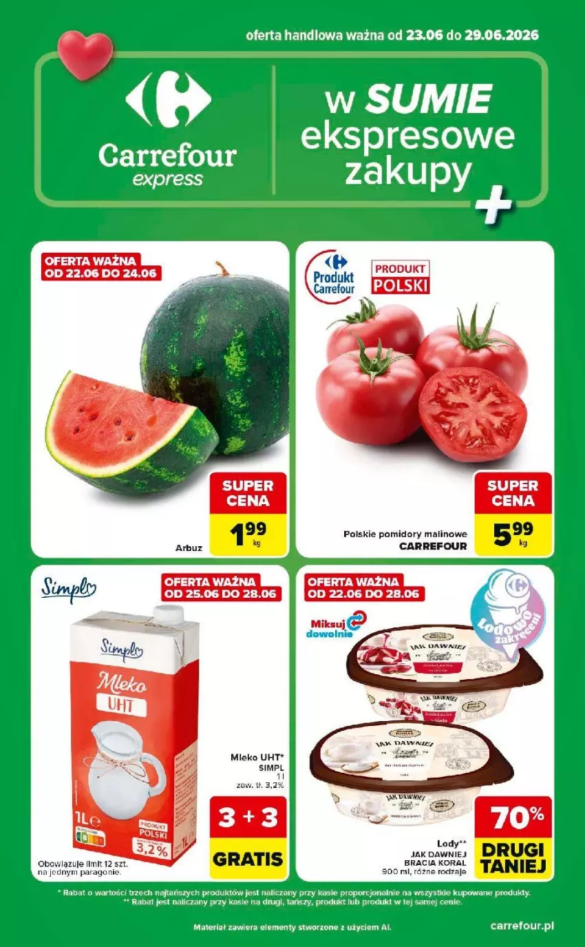 Gazetka promocyjna Carrefour - Gazetka Express w SUMIE ekspresowe zakupy - ważna 23.06 do 29.06.2026 - strona 1 - produkty: Mleko, Pomidory, Por