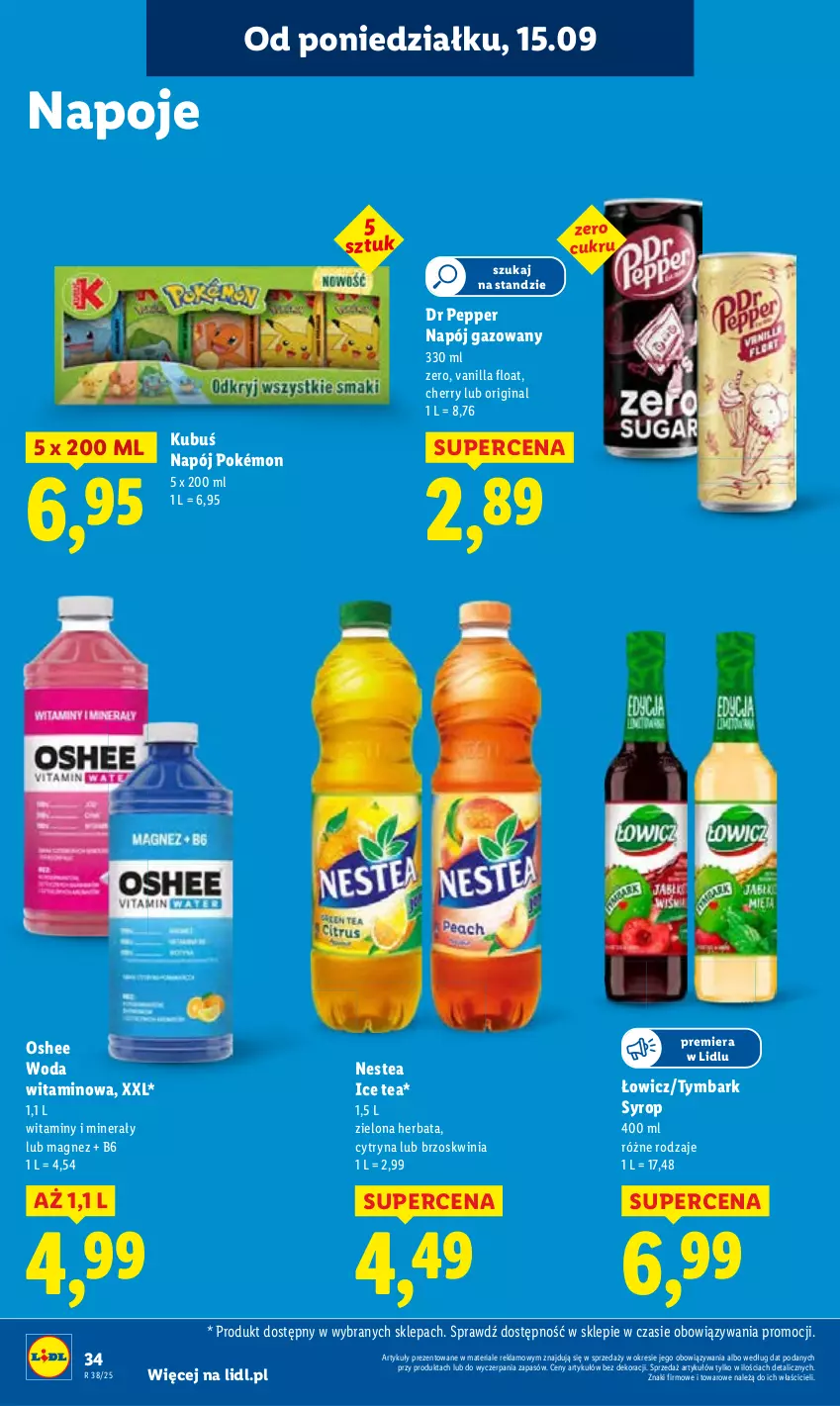 Gazetka promocyjna Lidl - GAZETKA - ważna 15.09 do 17.09.2025 - strona 38 - produkty: Gin, Herbata, Ice tea, Kubuś, Magnez, Napój, Napój gazowany, Nestea, Oshee, Pokémon, Syrop, Tymbark, Woda