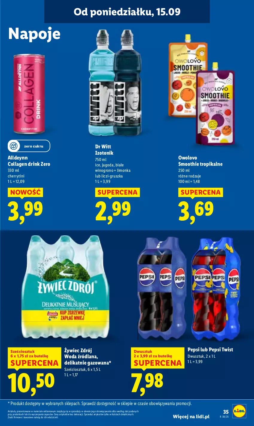 Gazetka promocyjna Lidl - GAZETKA - ważna 15.09 do 17.09.2025 - strona 39 - produkty: LANA, Liczi, Limonka, Pepsi, Smoothie, Tonik, Wino, Woda