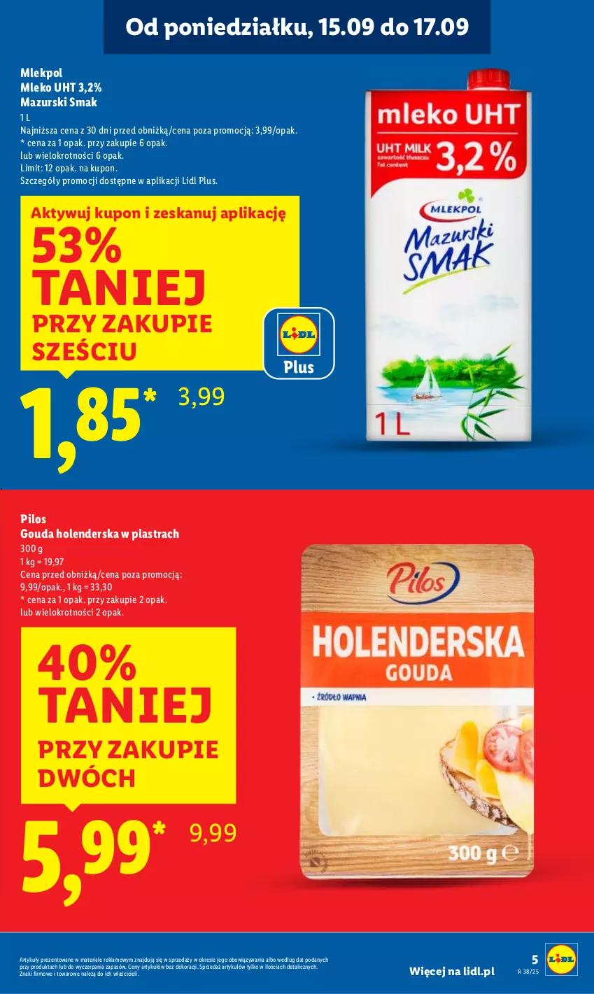 Gazetka promocyjna Lidl - GAZETKA - ważna 15.09 do 17.09.2025 - strona 5 - produkty: Gouda, Mleko, Pilos