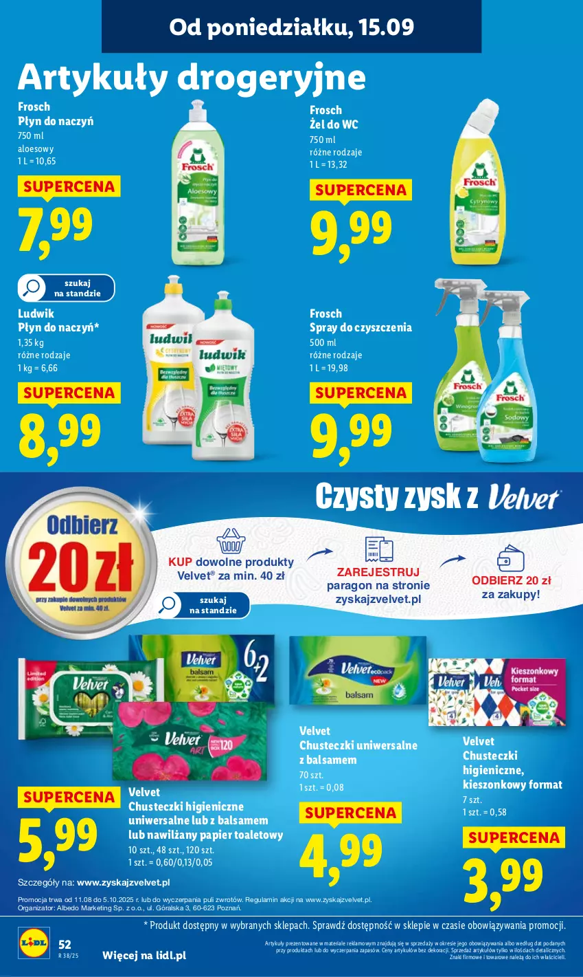 Gazetka promocyjna Lidl - GAZETKA - ważna 15.09 do 17.09.2025 - strona 58 - produkty: Chusteczki, Frosch, Ludwik, Nawilżany papier, Papier, Papier toaletowy, Spray do czyszczenia, Velvet