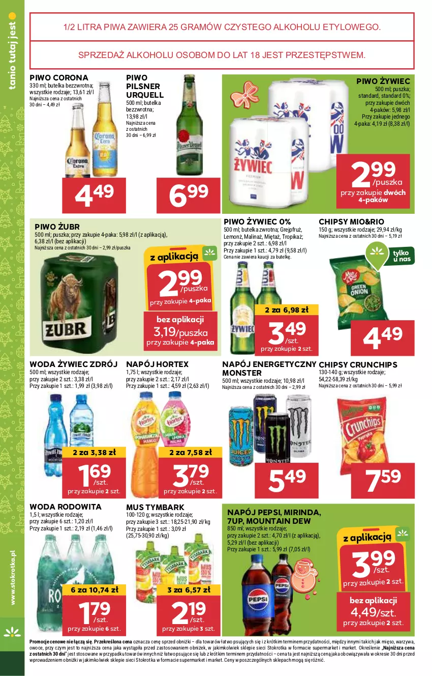 Gazetka promocyjna Stokrotka - Market - ważna 05.12 do 11.12.2024 - strona 24 - produkty: 7up, Chipsy, Crunchips, Gra, Hortex, Mięso, Mięta, Mirinda, Mus, Napój, Napój energetyczny, Owoce, Pepsi, Pilsner Urquell, Piwa, Piwo, Tymbark, Warzywa, Woda