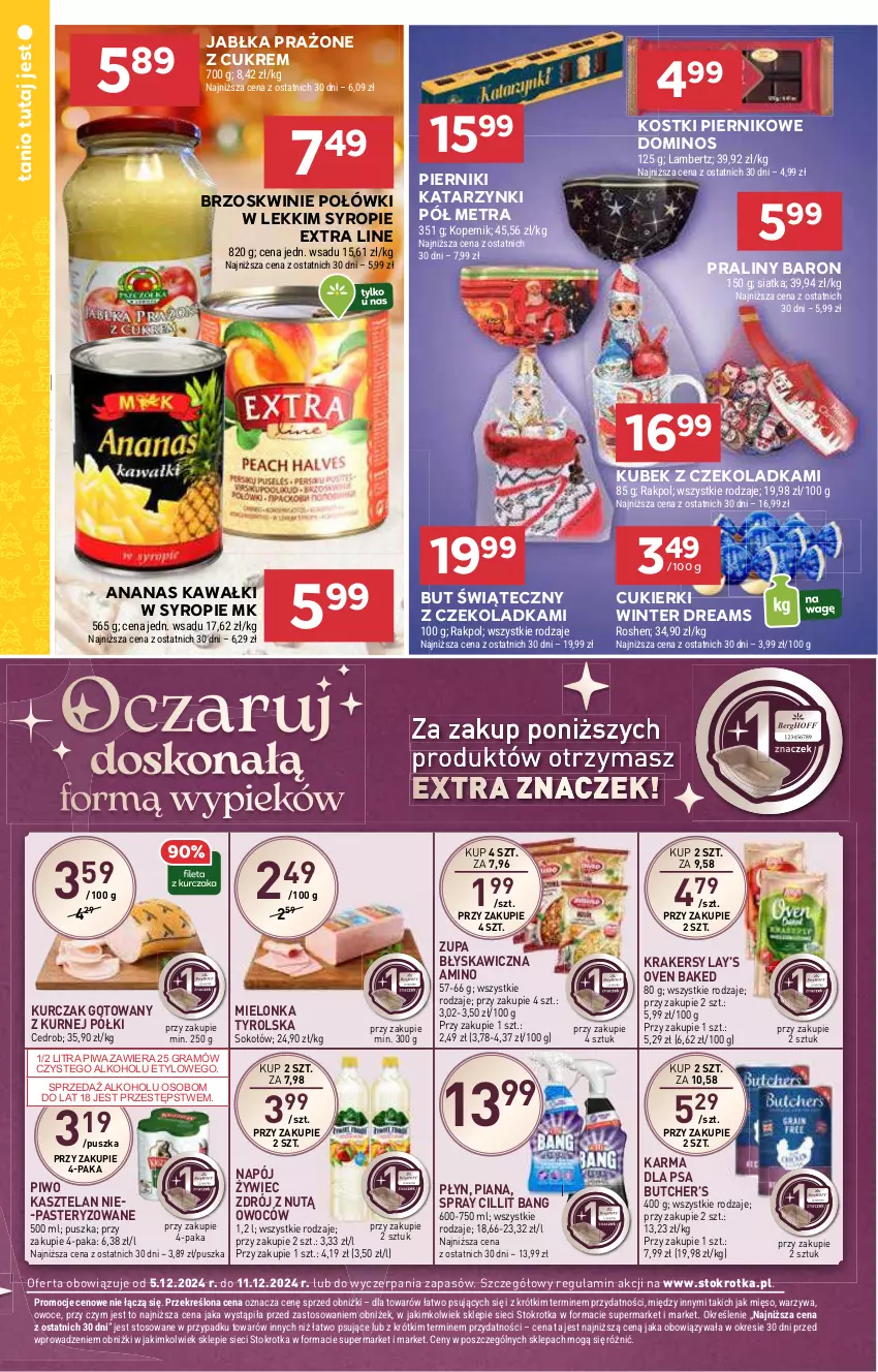 Gazetka promocyjna Stokrotka - Market - ważna 05.12 do 11.12.2024 - strona 8 - produkty: Ananas, Brzoskwinie, Cillit Bang, Cukier, Cukierki, Gra, Jabłka, Jabłka prażone, Kasztelan, Kawa, Krakersy, Kubek, Kurczak, Kurczak gotowany, Lay’s, Mielonka tyrolska, Mięso, Napój, Owoce, Piernik, Piwa, Piwo, Praliny, Siatka, Sok, Sokołów, Syrop, Warzywa, Zupa