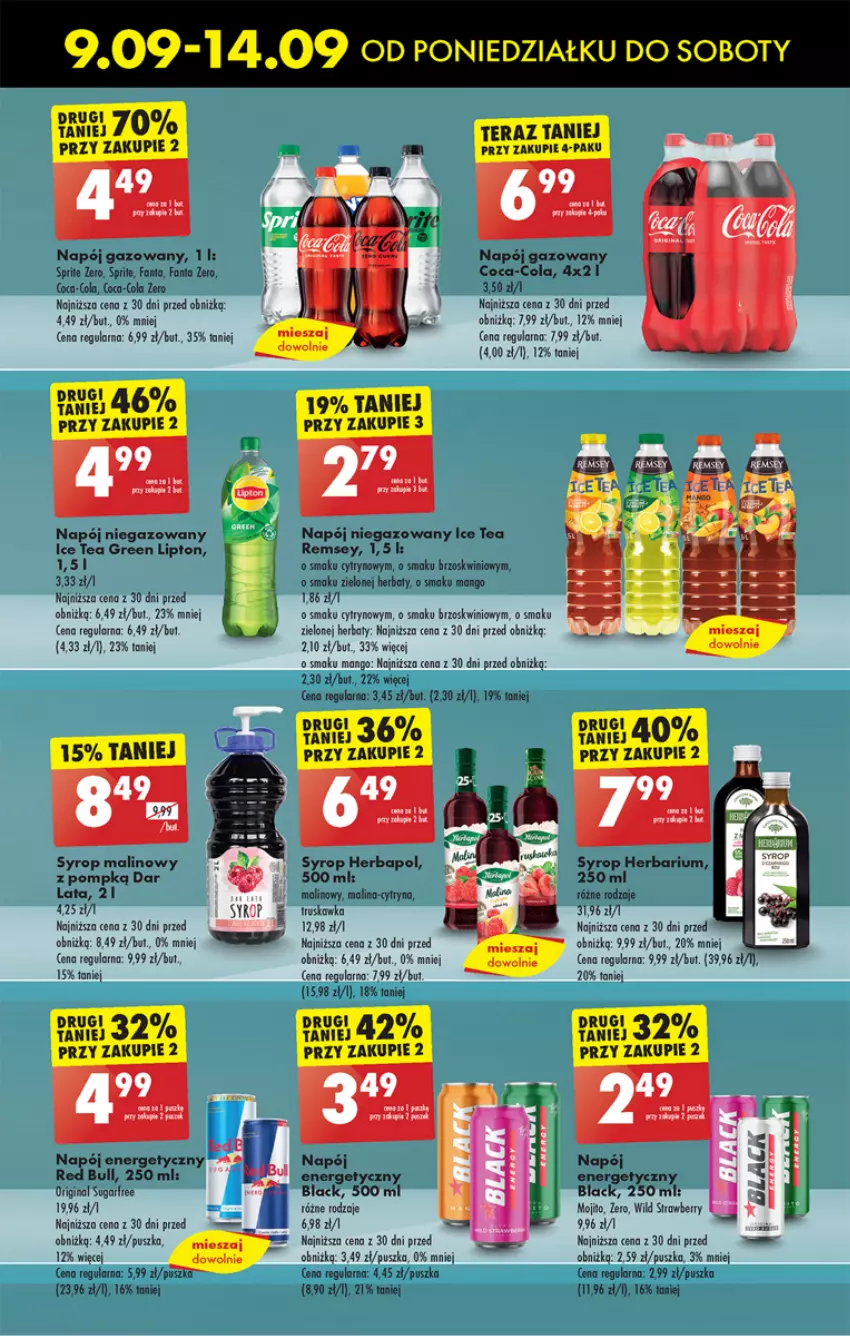 Gazetka promocyjna Biedronka - Od Poniedziałku - ważna 09.09 do 14.09.2024 - strona 55 - produkty: Brzoskwinie, Coca-Cola, Fa, Fanta, Gin, Herbapol, Lack, Lipton, Mango, Napój, Napój energetyczny, Napój gazowany, Napój niegazowany, Red Bull, Syrop, Tera