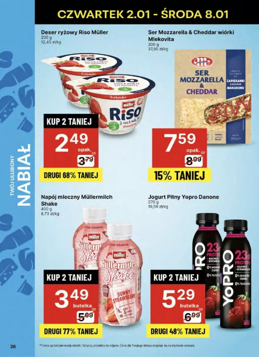 Gazetka promocyjna Delikatesy Centrum - ważna 02.01 do 08.01.2025 - strona 19 - produkty: Cheddar, Danone, Deser, Jogurt, Jogurt pitny, Mleko, Mlekovita, Mozzarella, Napój, Napój mleczny, Ryż, Ser