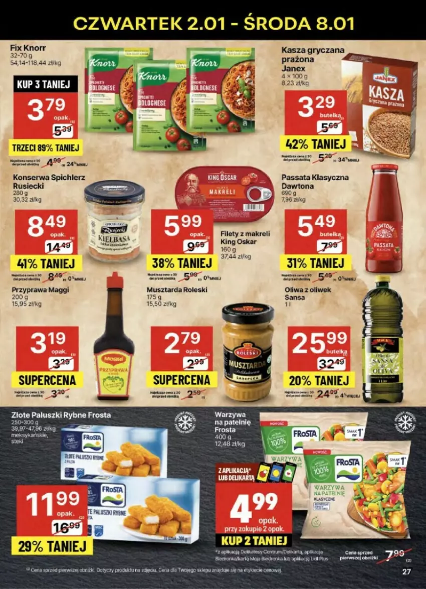 Gazetka promocyjna Delikatesy Centrum - ważna 02.01 do 08.01.2025 - strona 20 - produkty: Dawtona, Frosta, Gry, Kasza, Kasza gryczana, Kiełbasa, Knorr, Maggi, Mus, Musztarda, Oliwa, Oliwa z oliwek, Ser, Spichlerz Rusiecki, Warzywa