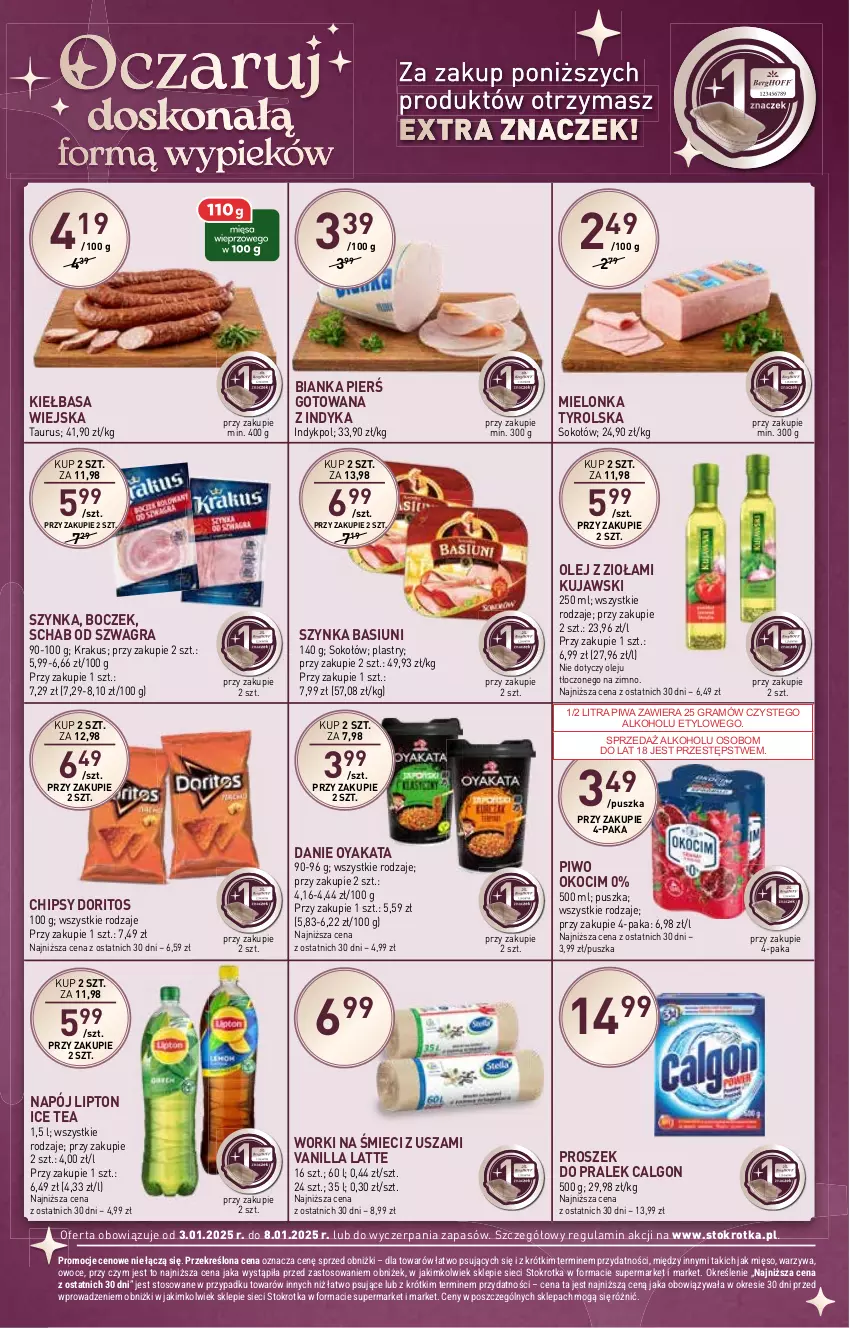 Gazetka promocyjna Stokrotka - Market - ważna 03.01 do 08.01.2025 - strona 14 - produkty: Bianka, Boczek, Calgon, Chipsy, Gra, Ice tea, Kiełbasa, Kiełbasa wiejska, Koc, Krakus, Kujawski, LG, Lipton, Mielonka tyrolska, Mięso, Napój, Okocim, Olej, Owoce, Piwa, Piwo, Sok, Sokołów, Szynka, Warzywa, Worki na śmiec, Worki na śmieci