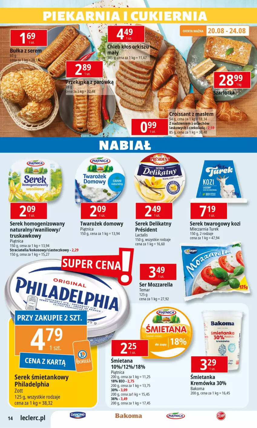 Gazetka promocyjna E Leclerc - ważna 20.08 do 31.08.2024 - strona 14 - produkty: Bakoma, Croissant, Danone, Kokos, Kremówka, Mozzarella, Philadelphia, Piątnica, Ser, Serek, Serek homogenizowany, Serek twarogowy, Zott