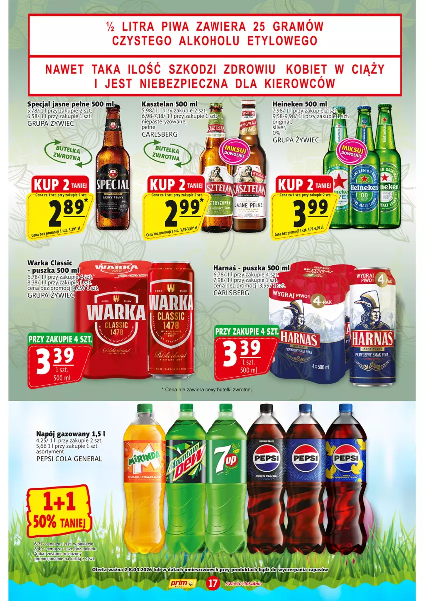 Gazetka promocyjna Prim Market - ważna 02.04 do 08.04.2026 - strona 17 - produkty: Carlsberg, Gin, Gra, Heineken, Kasztelan, Napój, Napój gazowany, Pepsi, Piec, Piwa, Por