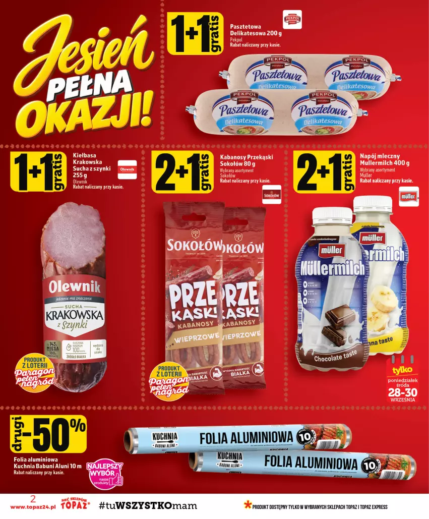 Gazetka promocyjna Topaz - Gazetka - ważna 24.09 do 30.09.2026 - strona 2 - produkty: Babuni, Folia aluminiowa, Kabanos, Kiełbasa, Kuchnia, Napój, Napój mleczny, Olewnik, Pasztet, Sok, Sokołów, Top