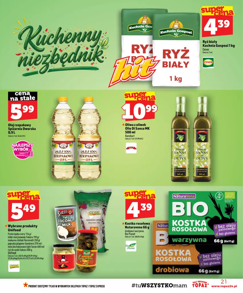 Gazetka promocyjna Topaz - Gazetka - ważna 24.09 do 30.09.2026 - strona 21 - produkty: Cenos, Imbir, Kokos, Kuchnia, Makaron, Makaron chiński, Mleczko, Olej, Olej rzepakowy, Oliwa, Oliwa z oliwek, Papryka, Ryż, Ryż do sushi, Sushi