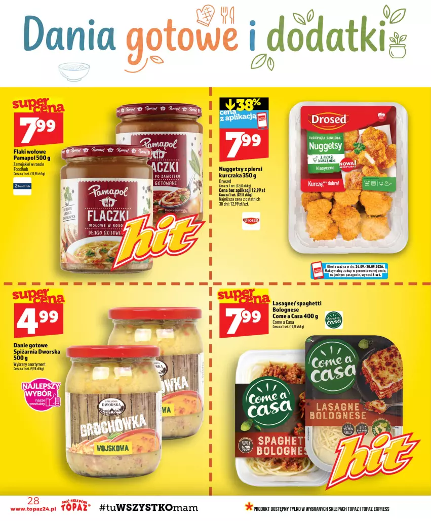 Gazetka promocyjna Topaz - Gazetka - ważna 24.09 do 30.09.2026 - strona 28 - produkty: Danie gotowe, Flaki, Flaki wołowe, Kurczak, Lasagne, Spaghetti, Top