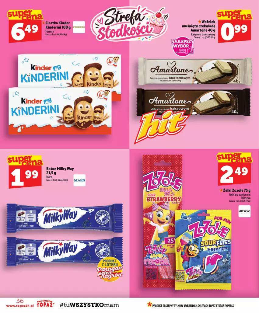 Gazetka promocyjna Topaz - Gazetka - ważna 24.09 do 30.09.2026 - strona 36 - produkty: Baton, Ciastka, Ferrero, Kakao, Kinder, Mars, Milky Way, Top, Wafelek