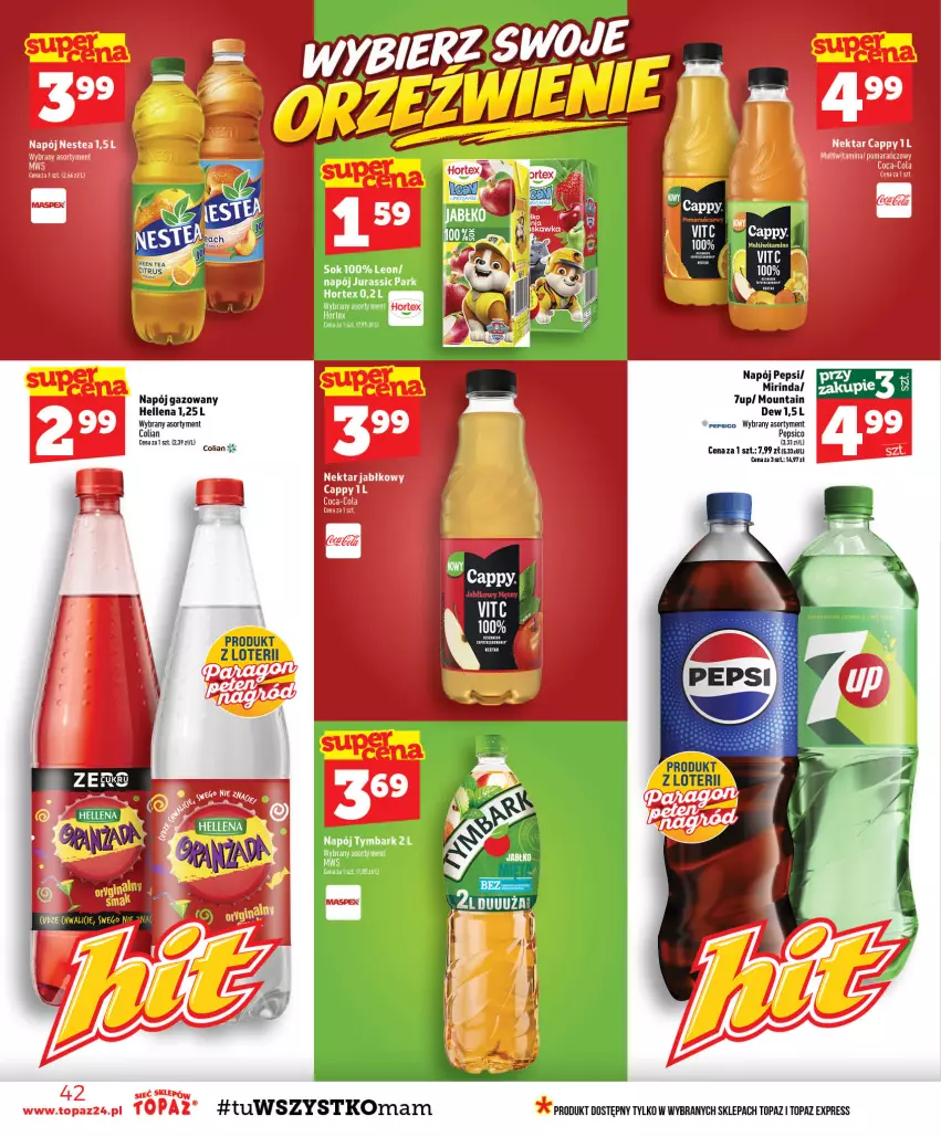 Gazetka promocyjna Topaz - Gazetka - ważna 24.09 do 30.09.2026 - strona 42 - produkty: 7up, Cappy, Hellena, Hortex, Leon, Mirinda, Napój, Napój gazowany, Nektar, Nestea, Pepsi, Sok, Top, Tymbark