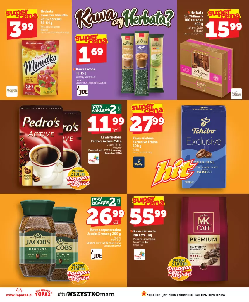 Gazetka promocyjna Topaz - Gazetka - ważna 24.09 do 30.09.2026 - strona 44 - produkty: Earl Grey, Herbata, Herbata owocowa, Jacobs, Kawa, Kawa mielona, Kawa rozpuszczalna, Kawa ziarnista, Tchibo, Top