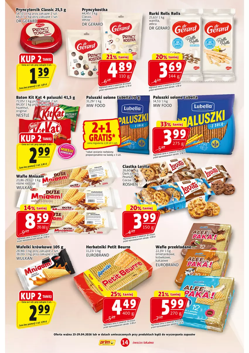 Gazetka promocyjna Prim Market - ważna 23.04 do 29.04.2026 - strona 14 - produkty: Baton, Ciastka, Dr Gerard, Gin, Herbatniki, Herbatniki Petit Beurre, Kakao, Kit Kat, Lovi, Por, Rurki, Tago, Vitax, Wafle