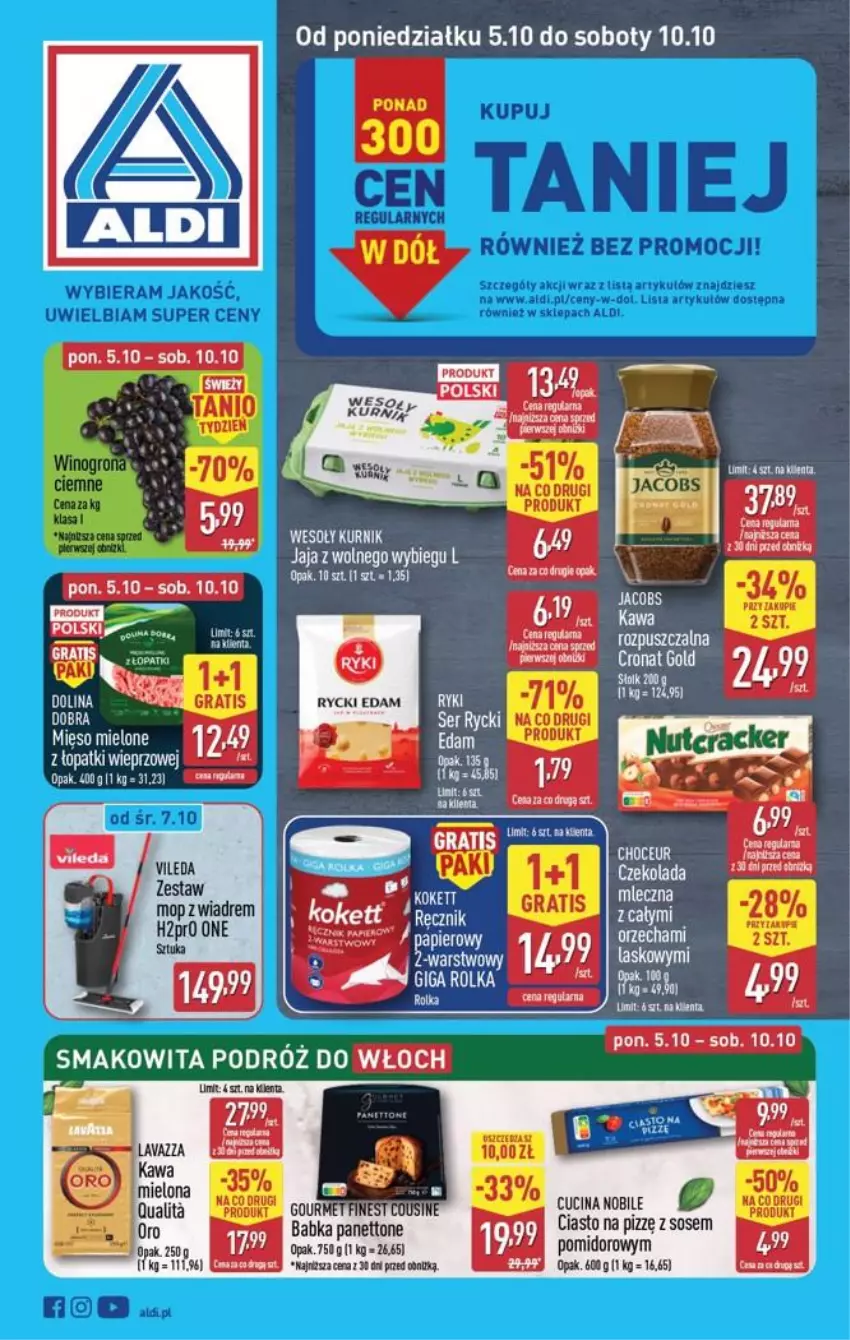Gazetka promocyjna Aldi - Pełna oferta - ważna 05.10 do 10.10.2026 - strona 1 - produkty: Babka, Czekolada, Edam, Fa, Jacobs, Jaja, Jaja z wolnego wybiegu, JBL, Kawa, Kawa mielona, Lavazza, Mięso, Mięso mielone, Mop, Rycki Edam, Sos, Vileda