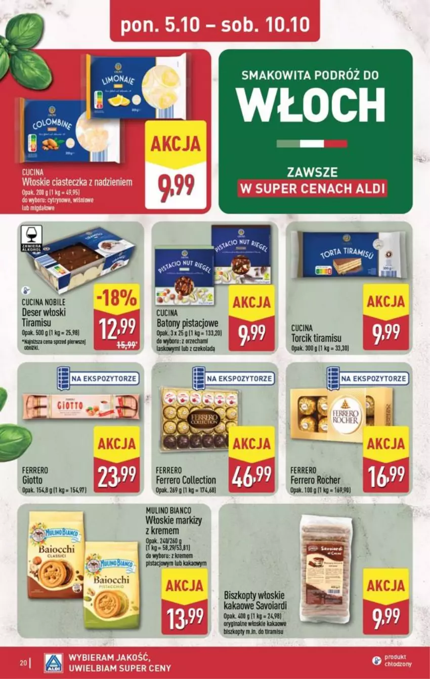 Gazetka promocyjna Aldi - Pełna oferta - ważna 05.10 do 10.10.2026 - strona 20 - produkty: Baton, Biszkopty, Deser, Fa, Ferrero, Ferrero Rocher, Gin, Kakao, Ser, Smakowita, Szal
