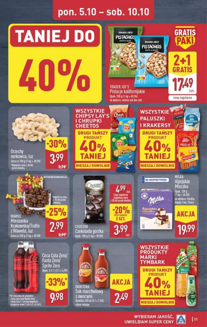 Gazetka promocyjna Aldi - Pełna oferta - ważna 05.10 do 10.10.2026 - strona 25 - produkty: Chipsy, Czekolada, Czekolada gorzka, Gra, Krakersy, Pistacje, Sprite, Tymbark, Wawel
