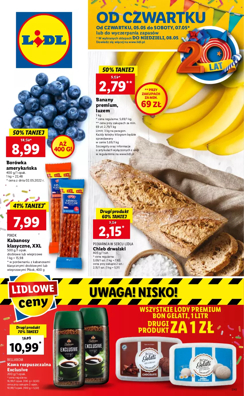 Gazetka promocyjna Lidl - GAZETKA - ważna 05.05 do 07.05.2022 - strona 1 - produkty: Banany, Bell, Bella, Borówka, Borówka amerykańska, Chleb, Gra, Kabanos, Kawa, Kawa rozpuszczalna, Lody, Olej, PIKOK, Por, Ser, Waga