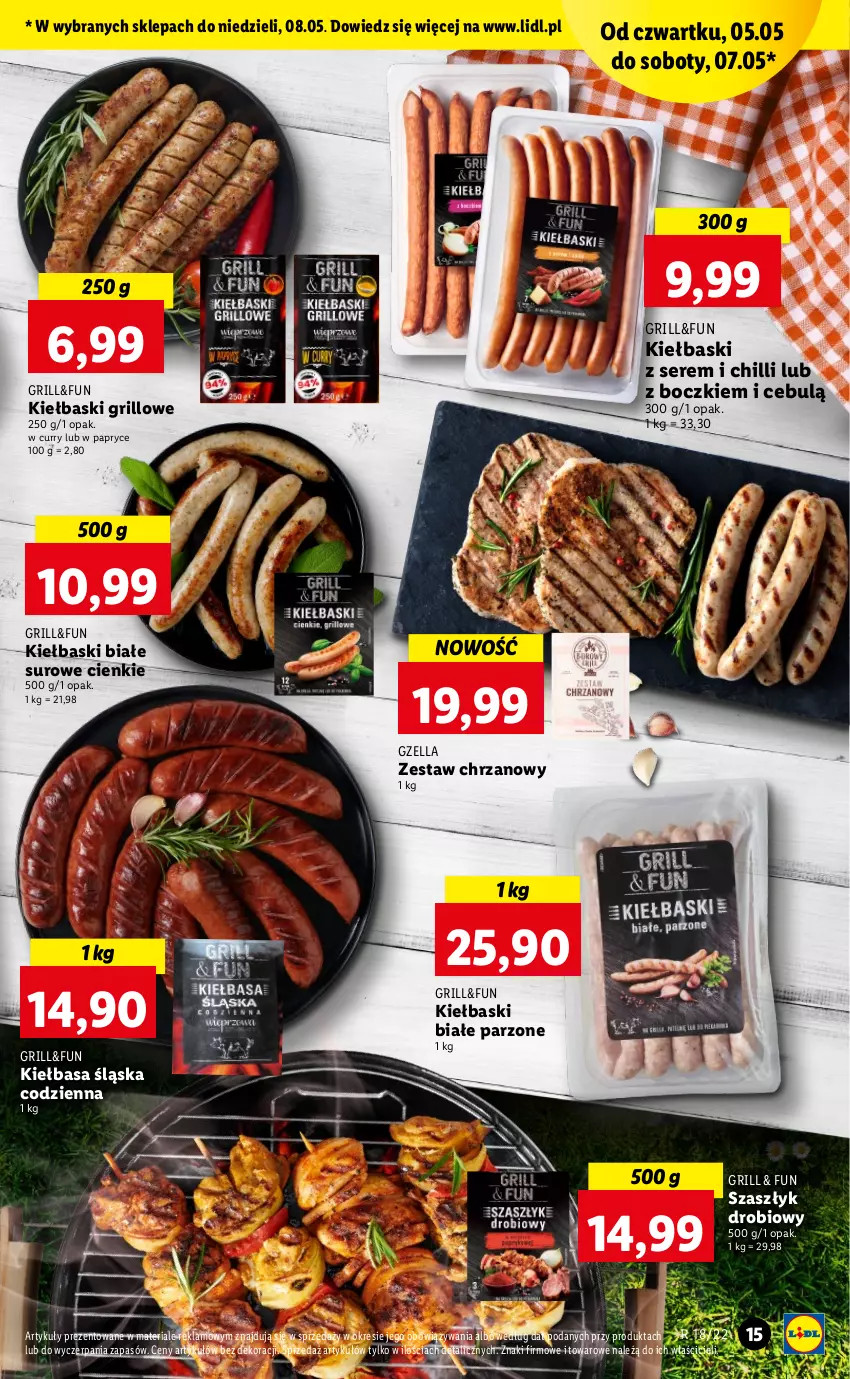 Gazetka promocyjna Lidl - GAZETKA - ważna 05.05 do 07.05.2022 - strona 15 - produkty: Chrzan, Grill, Kiełbasa, Kiełbasa śląska, Kiełbaski białe, Ser