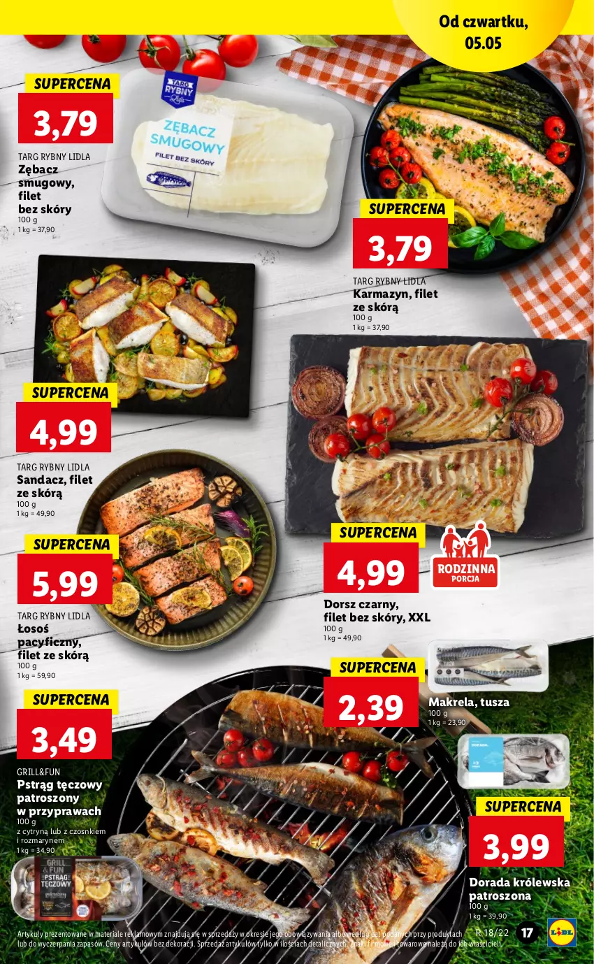 Gazetka promocyjna Lidl - GAZETKA - ważna 05.05 do 07.05.2022 - strona 17 - produkty: Dorsz, Grill, Por, Pstrąg, Pstrąg tęczowy, Sandacz, Tusz