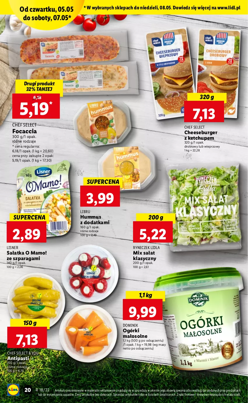 Gazetka promocyjna Lidl - GAZETKA - ważna 05.05 do 07.05.2022 - strona 20 - produkty: Burger, Focaccia, Hummus, Ketchup, Lisner, Mus, Sałat, Sałatka