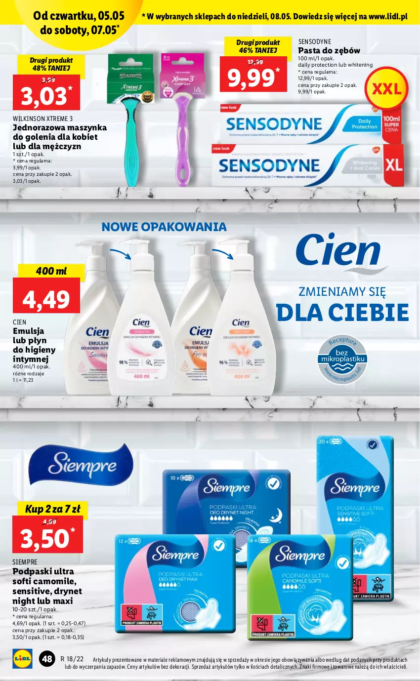 Gazetka promocyjna Lidl - GAZETKA - ważna 05.05 do 07.05.2022 - strona 48 - produkty: Emulsja, Maszynka, Maszynka do golenia, Pasta do zębów, Płyn do higieny intymnej, Podpaski, Sensodyne, Szynka