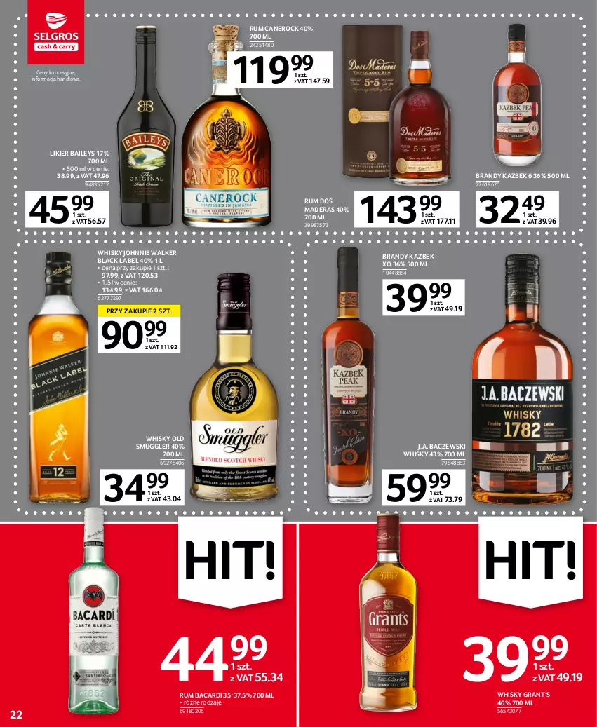 Gazetka promocyjna Selgros - Oferta spożywcza - ważna 05.01 do 18.01.2023 - strona 22 - produkty: Bacardi, Brandy, Gra, Johnnie Walker, Lack, Likier, Rum, Whisky