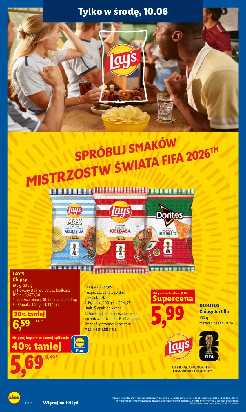 Gazetka promocyjna Lidl - Gazetka ważna od 8.06 do 10.06 - ważna 08.06 do 10.06.2026 - strona 70 - produkty: Chipsy, Grill, Kiełbasa, Lay’s, Olej, Stek, Tortilla