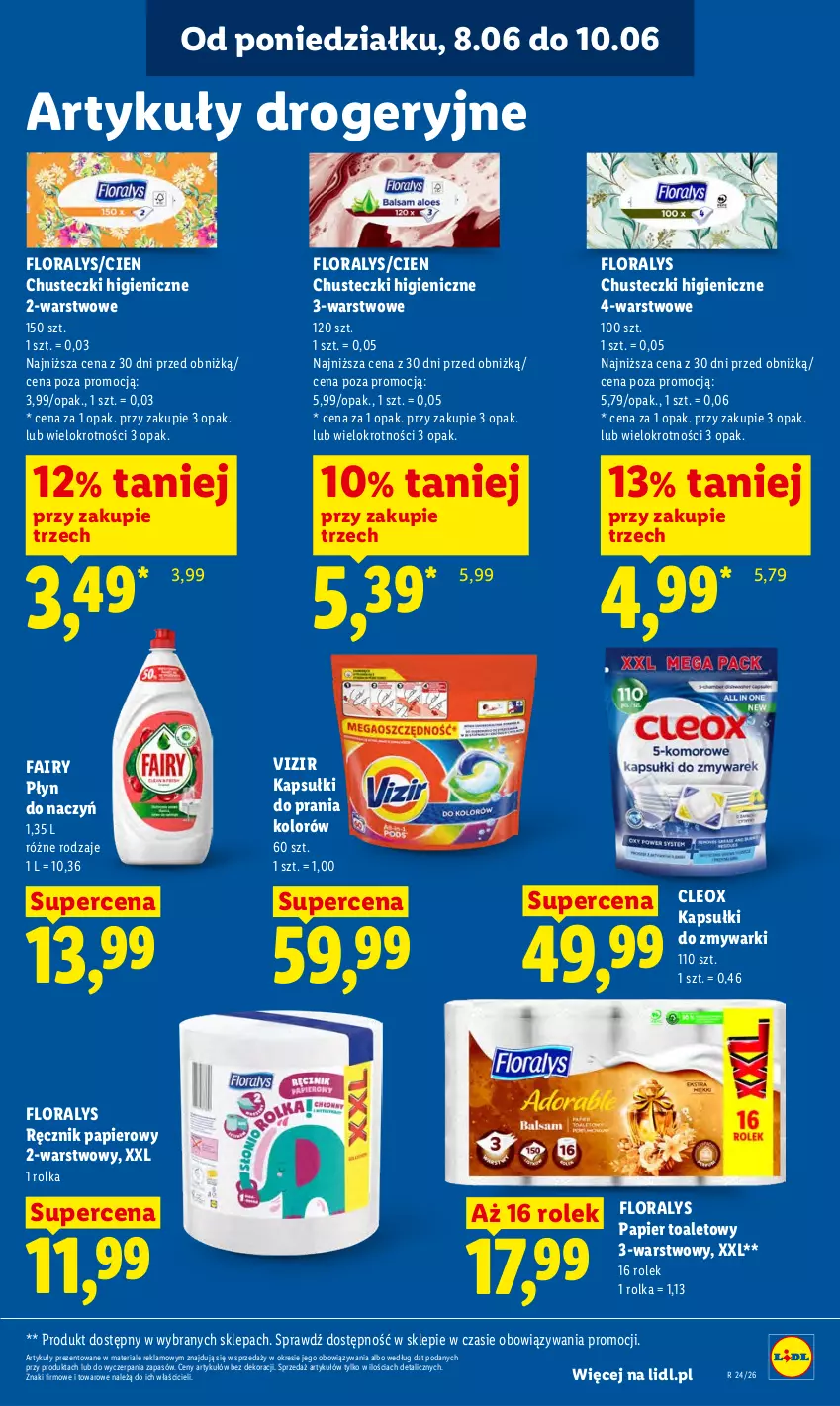 Gazetka promocyjna Lidl - Gazetka ważna od 8.06 do 10.06 - ważna 08.06 do 10.06.2026 - strona 79 - produkty: Chusteczki, Fa, Fairy, Flora, Kapsułki do prania, Papier, Papier toaletowy, Ręcznik, Vizir, Zmywarki