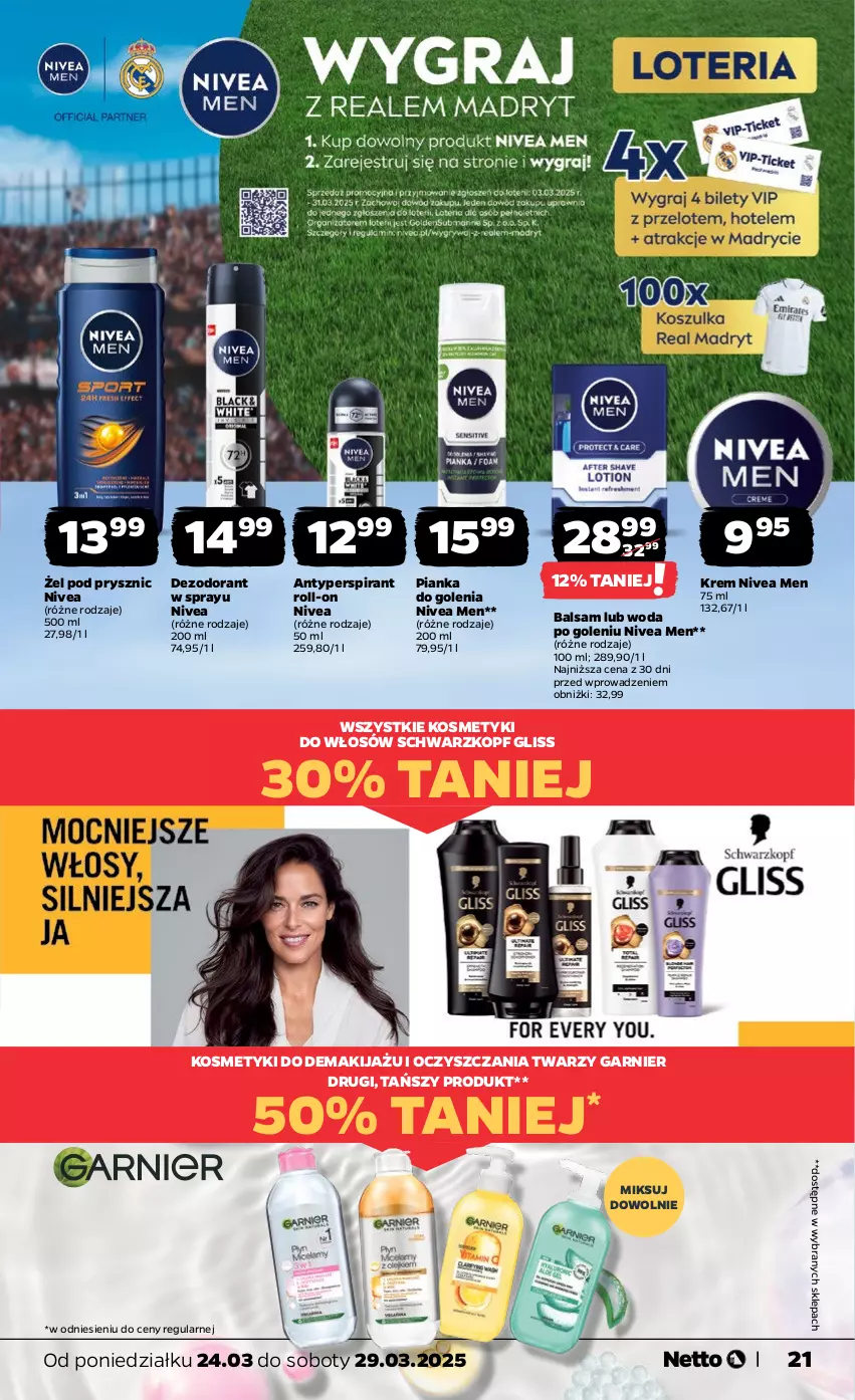 Gazetka promocyjna Netto - Od Poniedziałku - ważna 24.03 do 29.03.2025 - strona 21 - produkty: Antyperspirant, Dezodorant, Garnier, Makijaż, Nivea, Nivea Men, Pianka do golenia, Schwarzkopf, Woda, Woda po goleniu