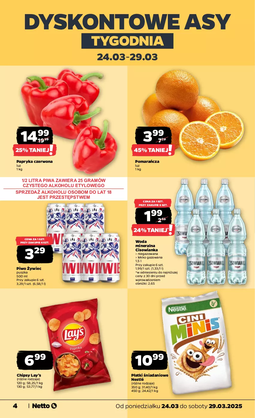 Gazetka promocyjna Netto - Od Poniedziałku - ważna 24.03 do 29.03.2025 - strona 4 - produkty: Chipsy, Cisowianka, Danio, Gra, Lay’s, Nestlé, Papryka, Papryka czerwona, Piwa, Piwo, Woda, Woda mineralna