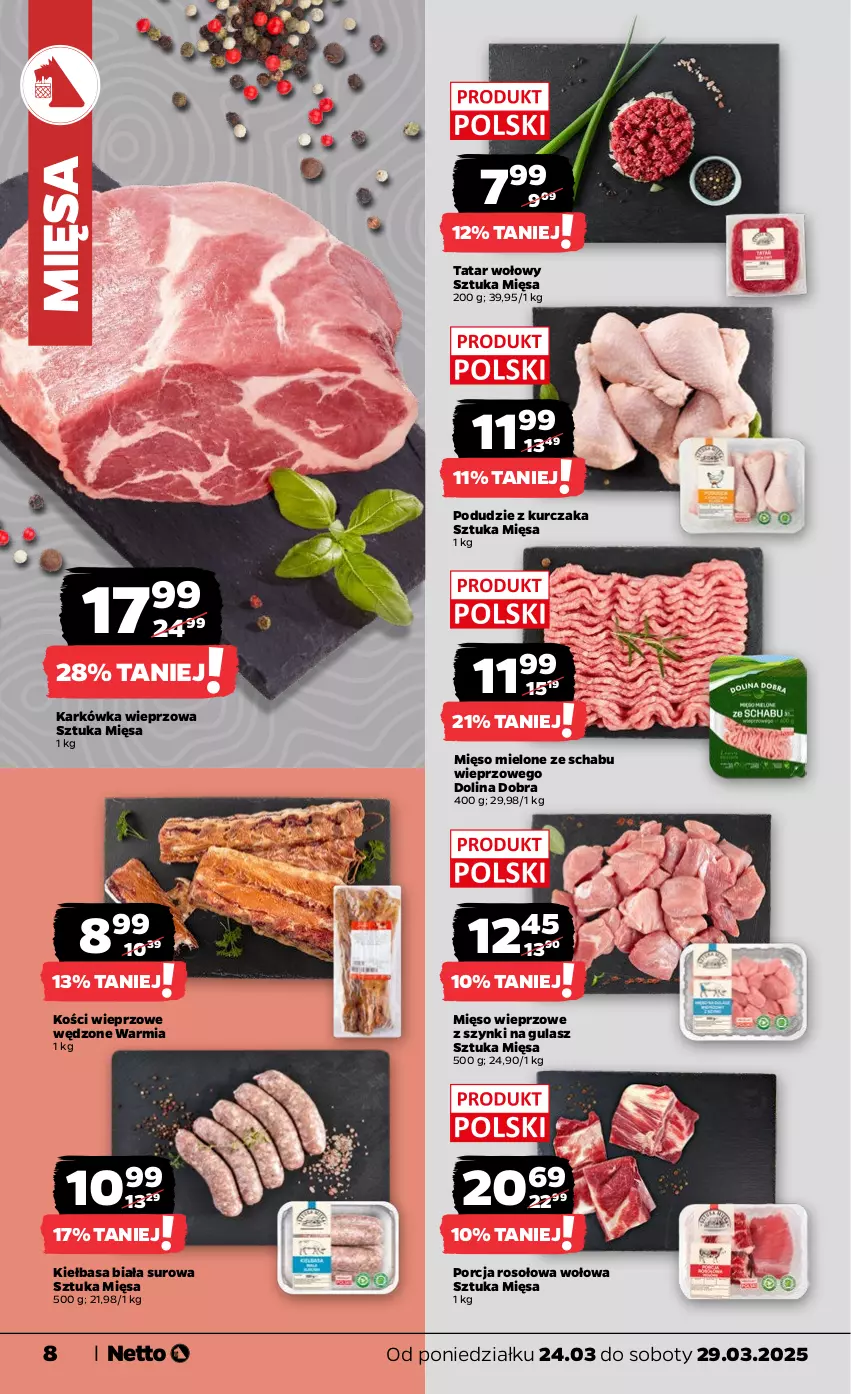 Gazetka promocyjna Netto - Od Poniedziałku - ważna 24.03 do 29.03.2025 - strona 8 - produkty: Karkówka wieprzowa, Kiełbasa, Kiełbasa biała, Kości wieprzowe, Kurczak, Mięso, Mięso mielone, Mięso wieprzowe, Podudzie z kurczaka, Por, Tatar wołowy