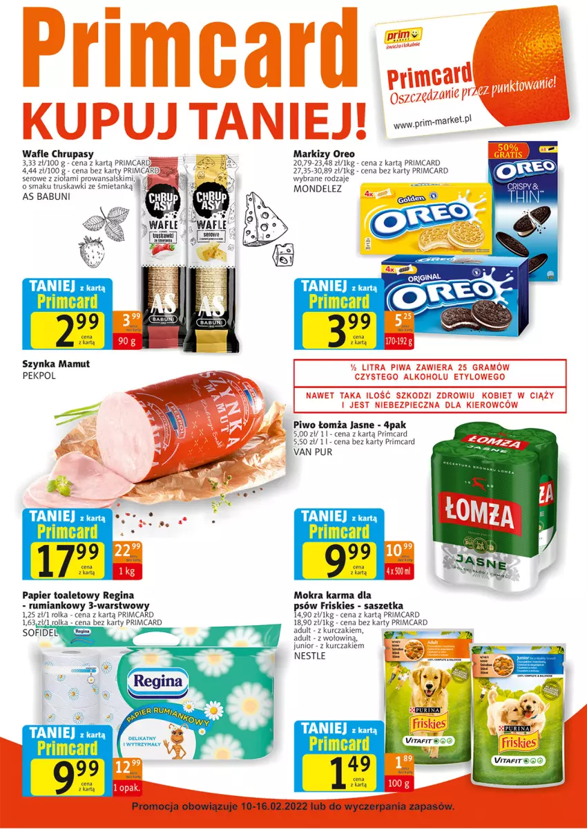 Gazetka promocyjna Prim Market - Gazetka - ważna 10.02 do 16.02.2022 - strona 7 - produkty: Babuni, Friskies, Gin, Kurczak, Mokra karma, Oreo, Papier, Papier toaletowy, Pekpol, Piwo, Pur, Rum, Ser, Szynka, Truskawki, Wafle