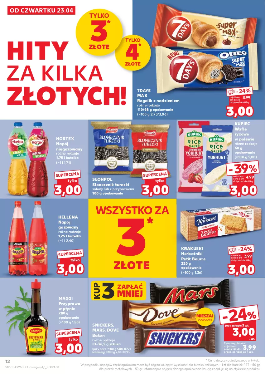 Gazetka promocyjna Kaufland - Gazetka tygodnia - ważna 23.04 do 28.04.2026 - strona 12 - produkty: Baton, Dove, Hellena, Herbatniki, Herbatniki Petit Beurre, Hortex, Krakus, Krakuski, Kupiec, Maggi, Mars, Napój, Napój gazowany, Napój niegazowany, Piec, Przyprawa w płynie, Rogal, Ryż, Słonecznik turecki, Słonpol, Snickers, Sok, Wafle