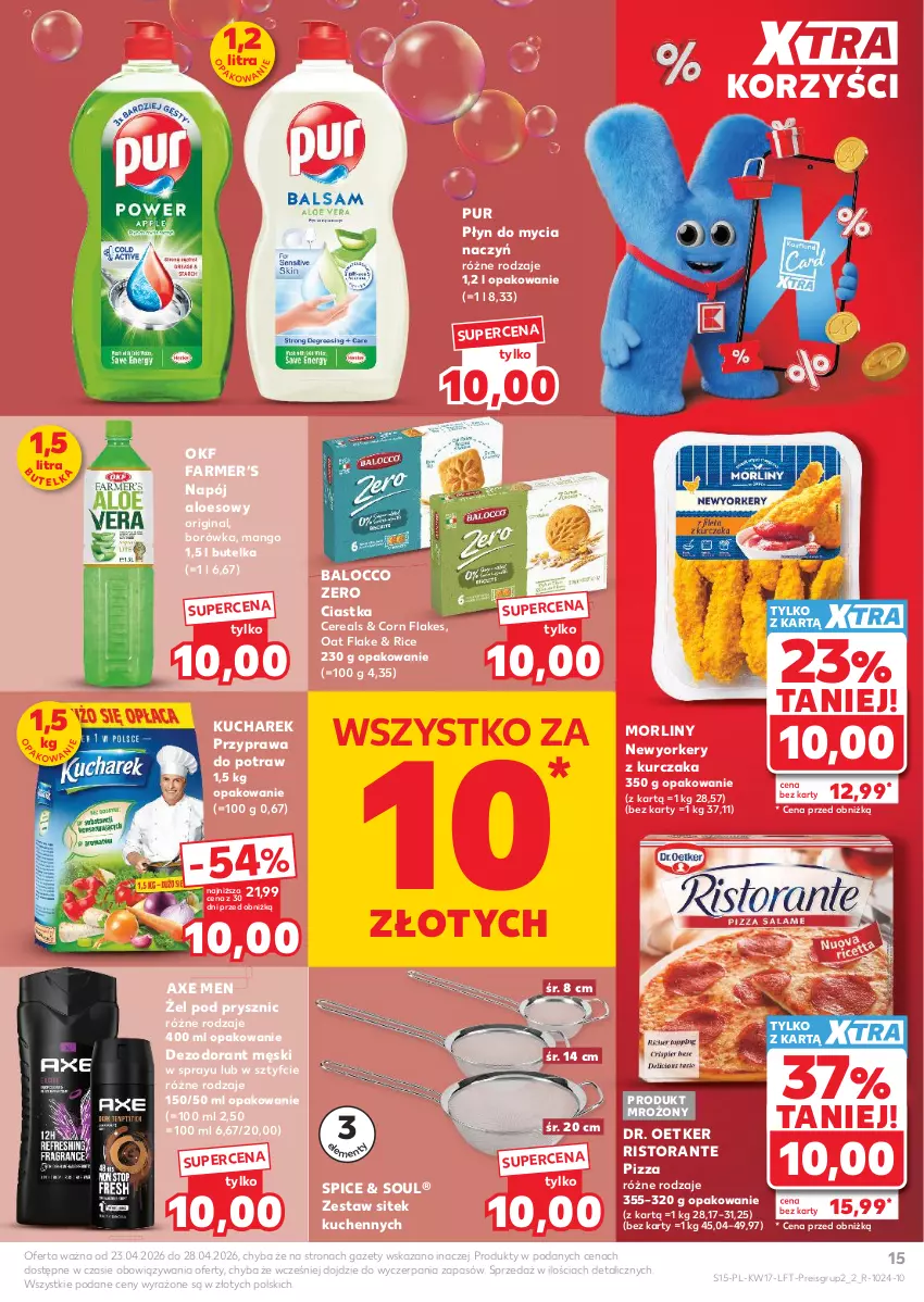 Gazetka promocyjna Kaufland - Gazetka tygodnia - ważna 23.04 do 28.04.2026 - strona 15 - produkty: Axe Men, Borówka, Ciastka, Corn flakes, Dezodorant, Do mycia naczyń, Dr. Oetker, Fa, Gin, Kucharek, Kurczak, Mango, Morliny, Napój, Pizza, Płyn do mycia, Płyn do mycia naczyń, Przyprawa do potraw, Pur, Zestaw sitek